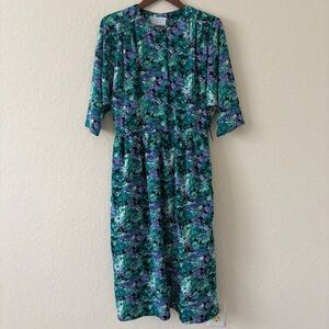 Vintage 1980 Ed Michaels Green Purple & Floral Maxi Dress Cottagecore Fits Large